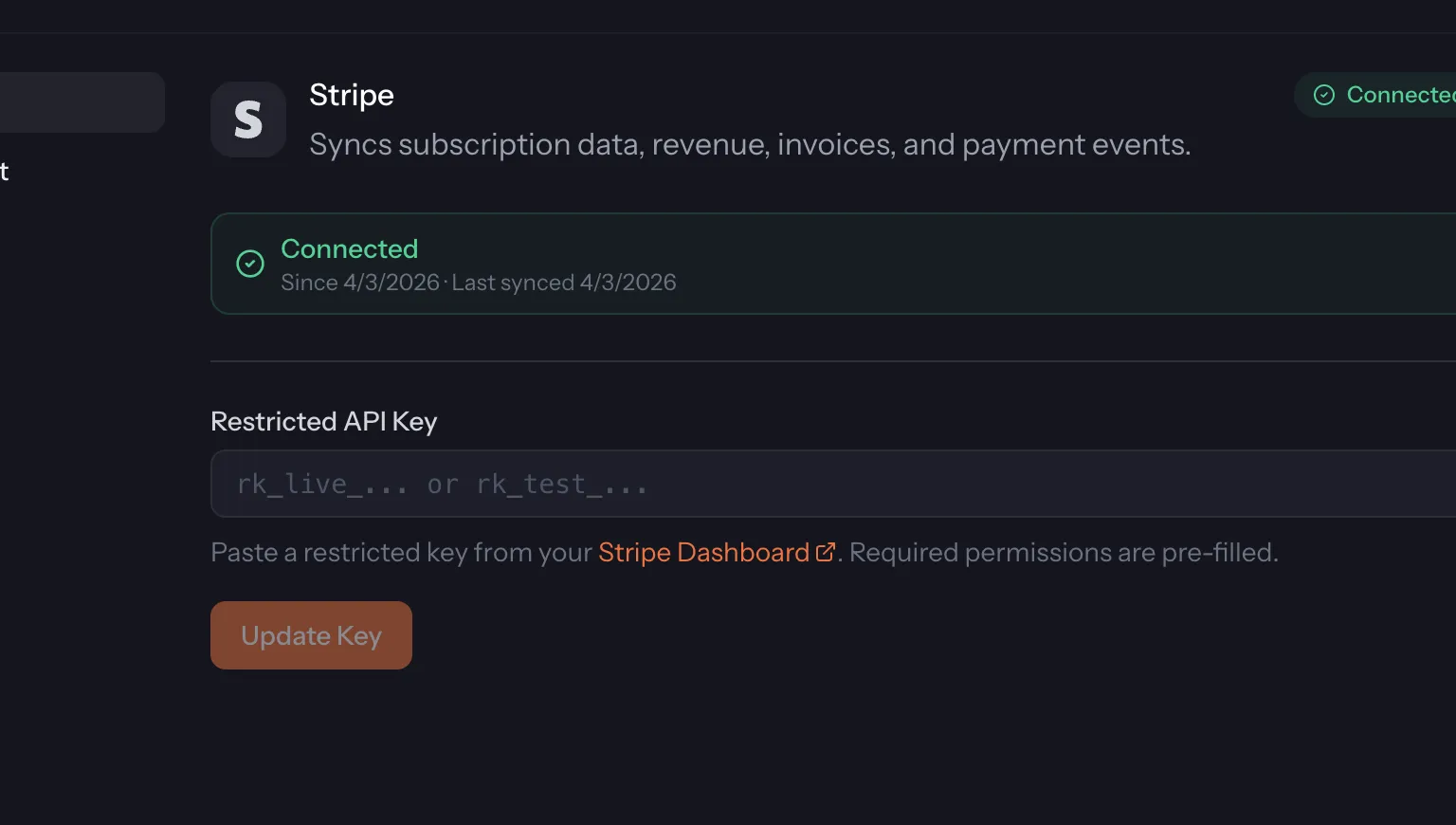 Stripe integration showing connected status and API key configuration